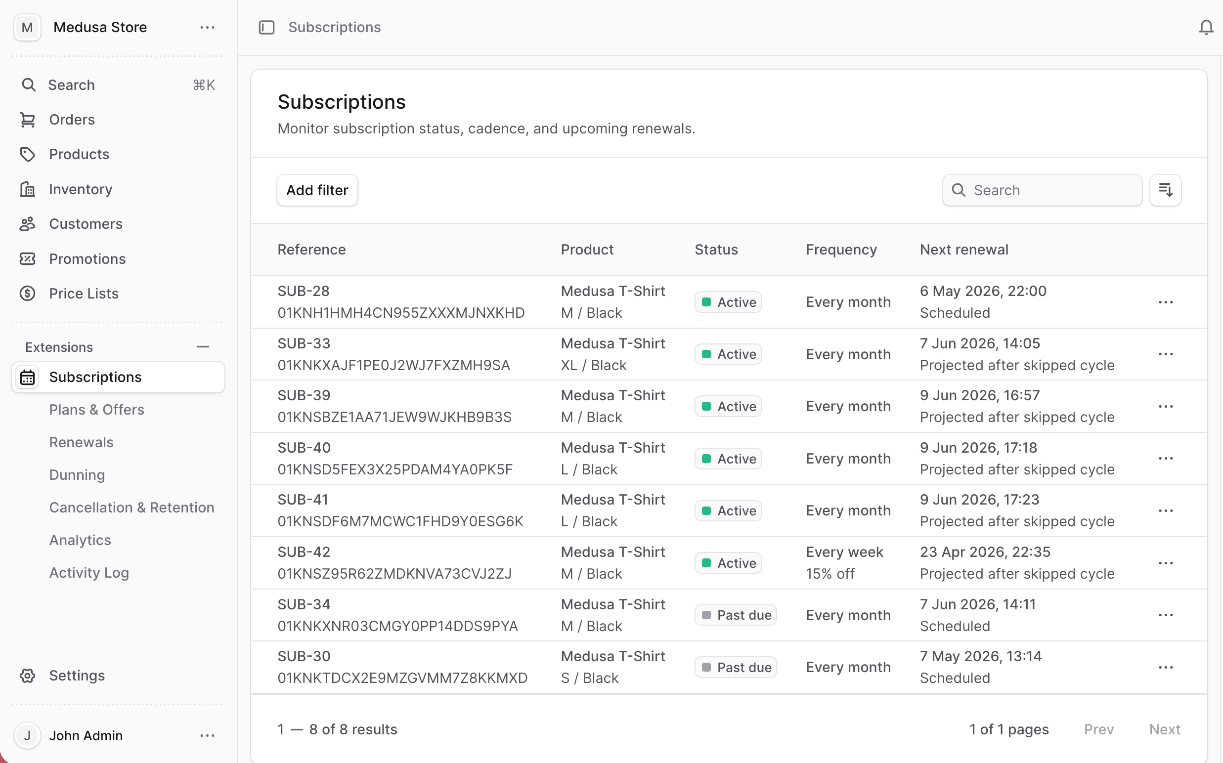 Reorder subscriptions list inside Medusa admin